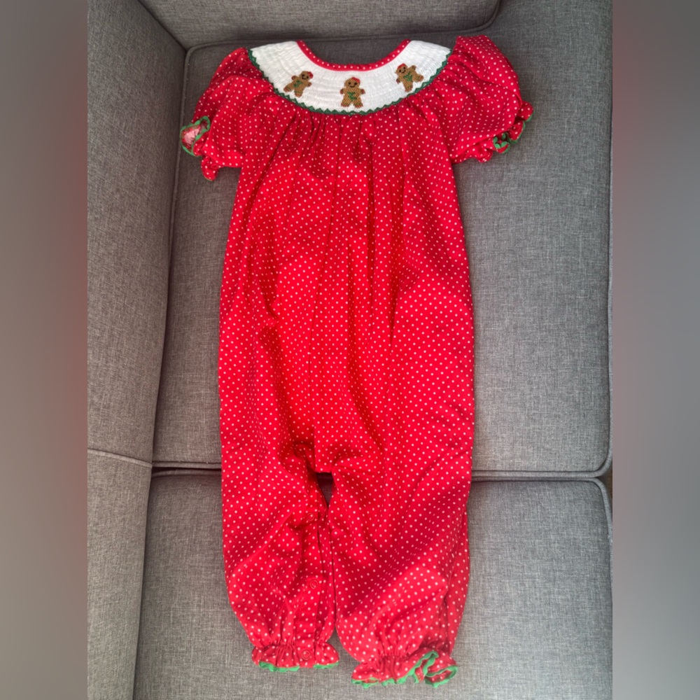 Camilla City Red and White Polka Dot Gingerbread Men Smocked Romper-3T